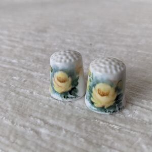 Floral Porcelain Thimbles Yellow Rose and Green- Vintage Hand painted And Signed